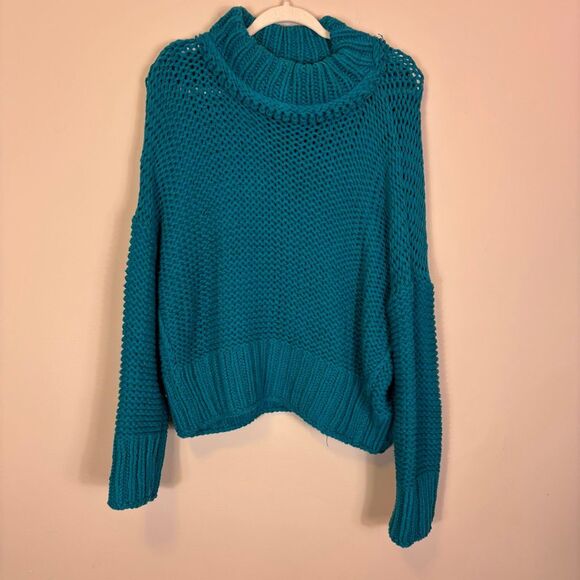Free People Teal Green Open Knit Mock Neck Pullover Sweater Large - Picture 1 of 6